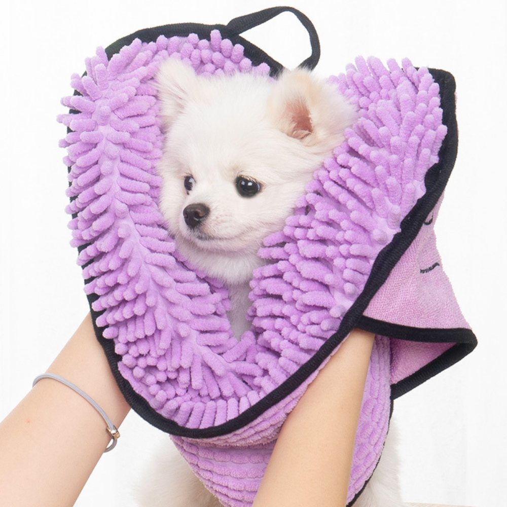 A small white dog wrapped in a purple chenille drying towel